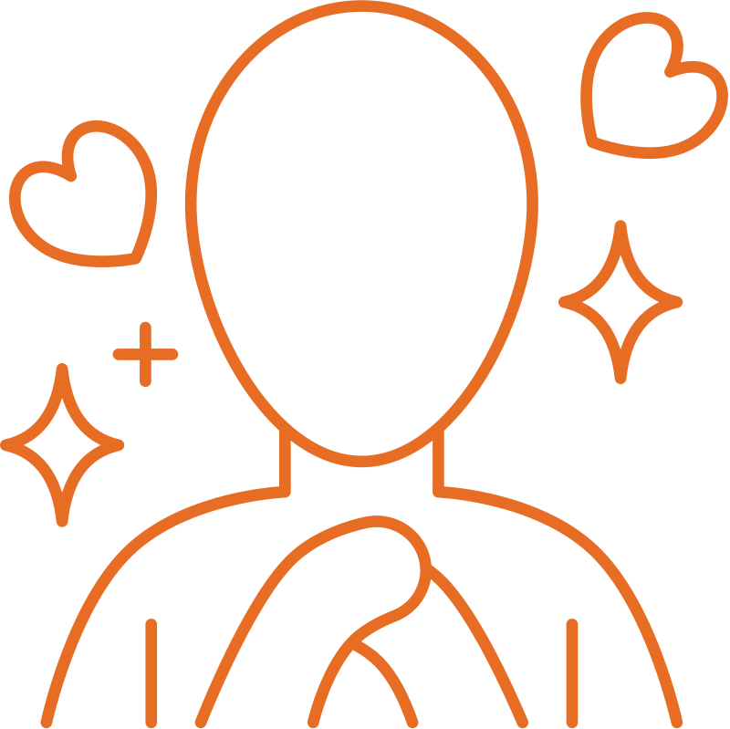 person with hands over heart and hearts floating icon