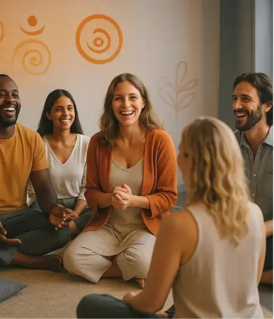 Group of individuals smiling with coach in the middle of circle
