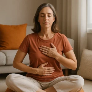 Woman looking peaceful in living room with hands on heart