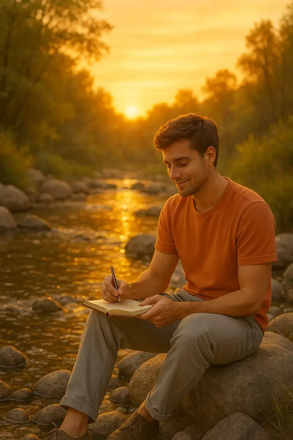 man journaling by lake at sunset